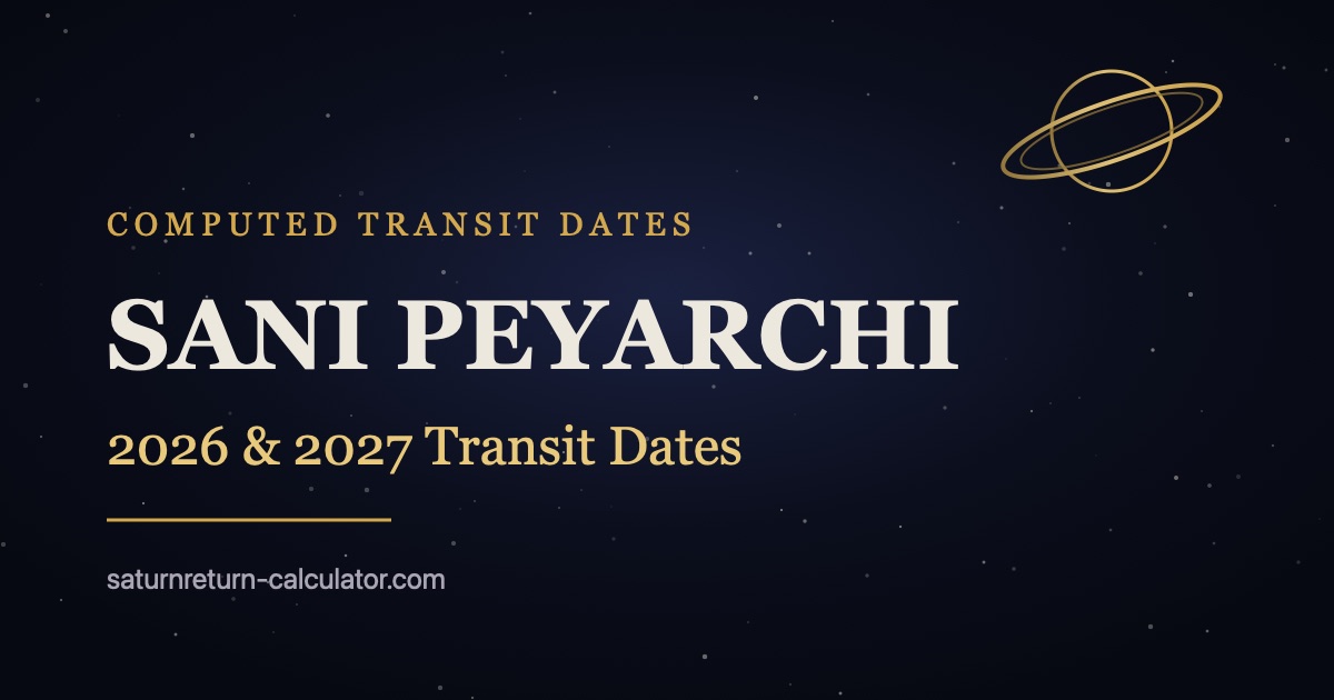Saturn and its rings in gold on a night sky, marking Sani Peyarchi 2026 transit dates