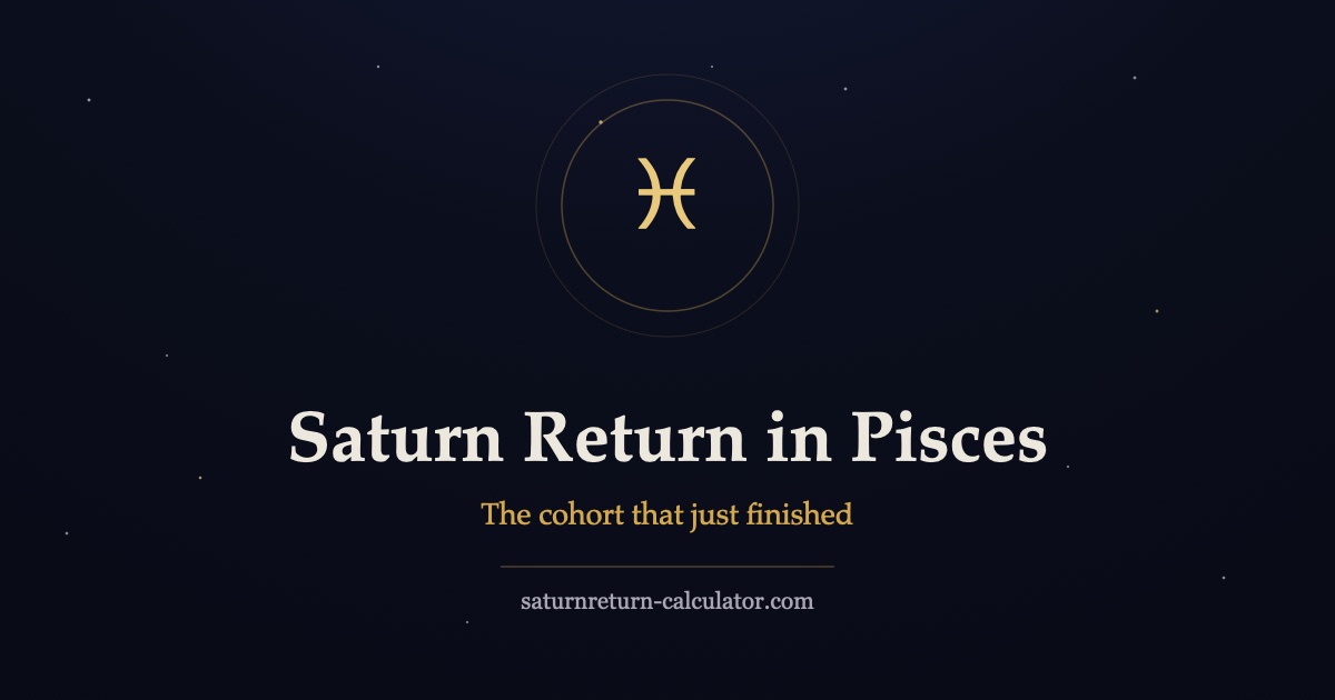 Pisces glyph in a golden ring over a starfield, for the Saturn return in Pisces