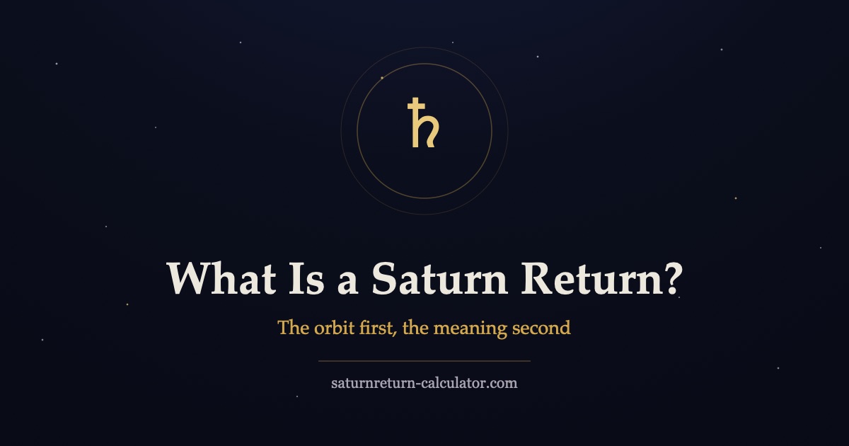 Golden Saturn glyph inside a ring over a night sky, illustrating what a Saturn return is